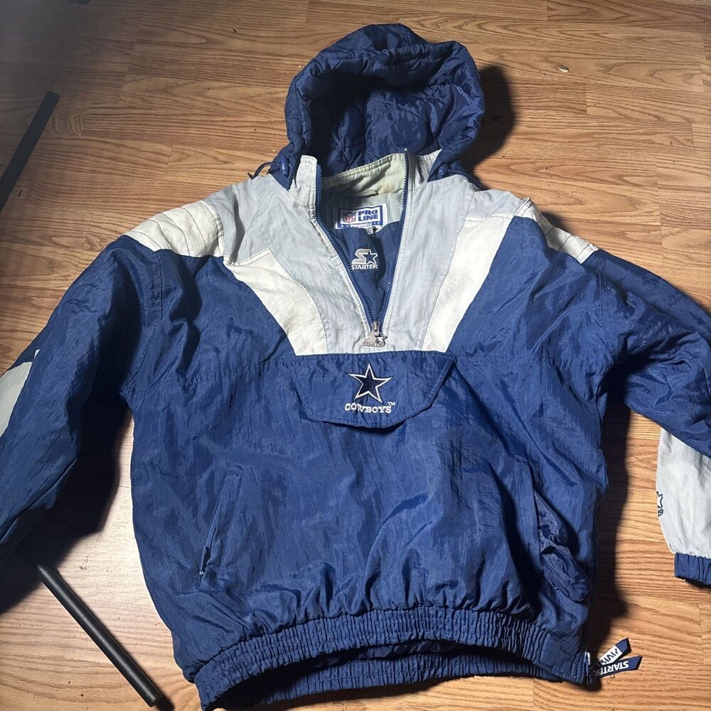 Vintage NFL Dallas Cowboys Starter Pro Line Pullover Jacket Hooded Size XL Stain